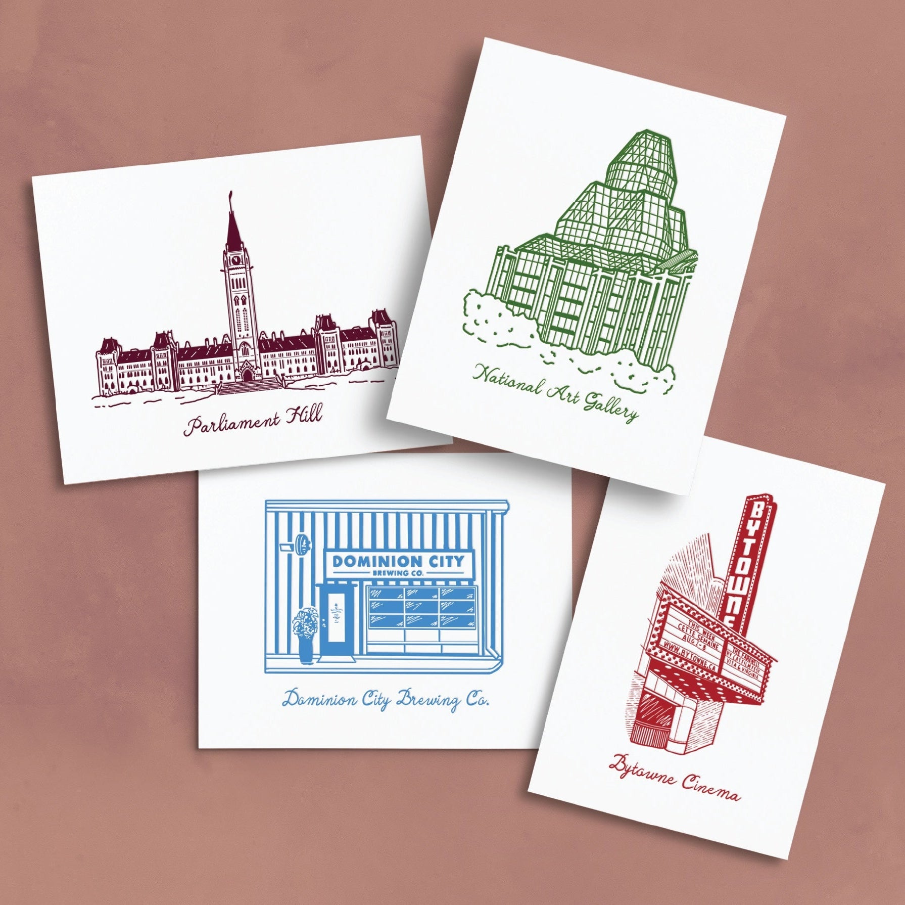 Four postcards with illustrations of famous buildings and landmarks on a brown background.