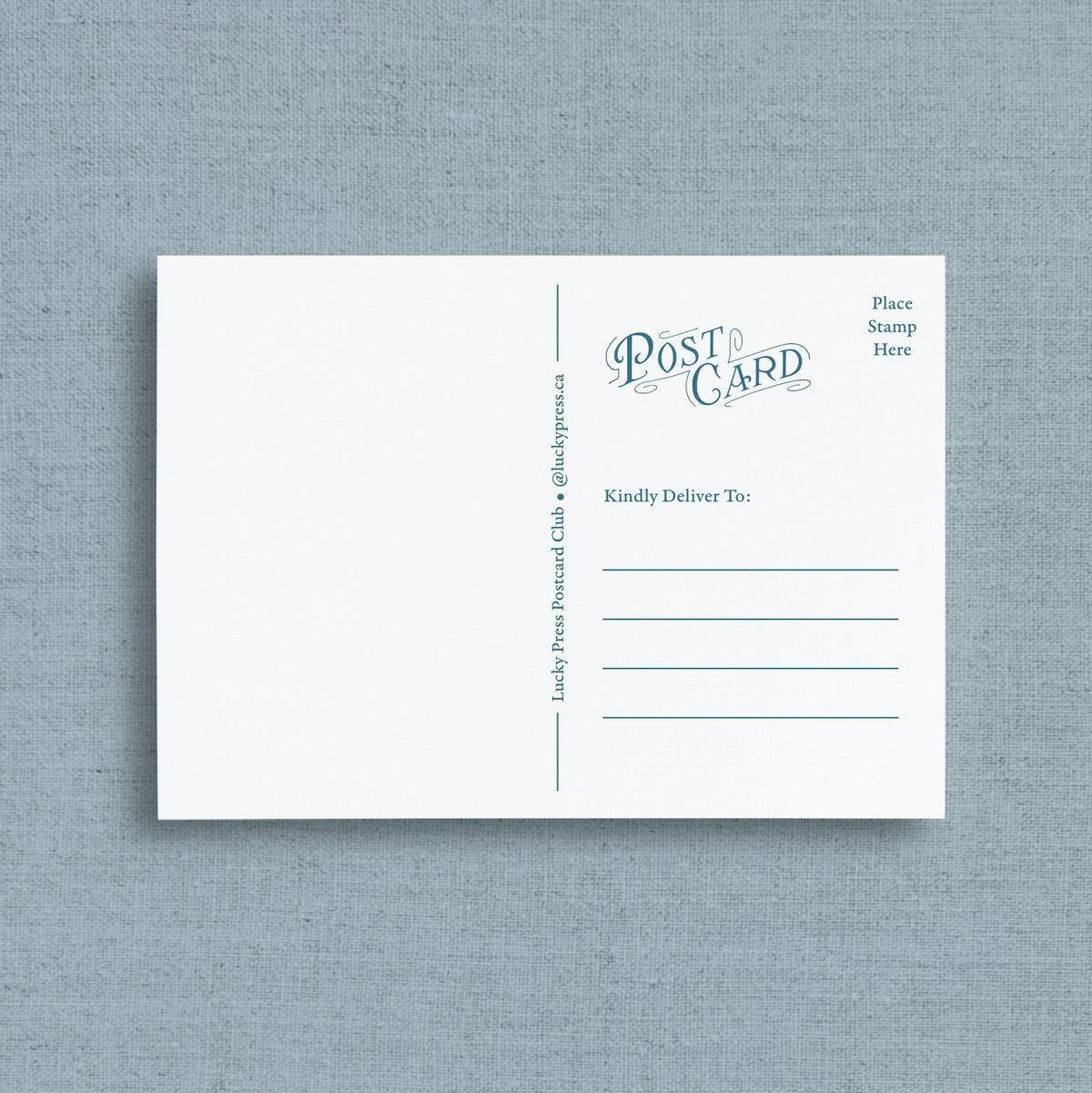 Reverse side of post card with blue printed text and lines, displayed flat against a textured light blue-gray background. The postcard features the words 'Post Card' in blue script, along with fields for destination and stamp placement.